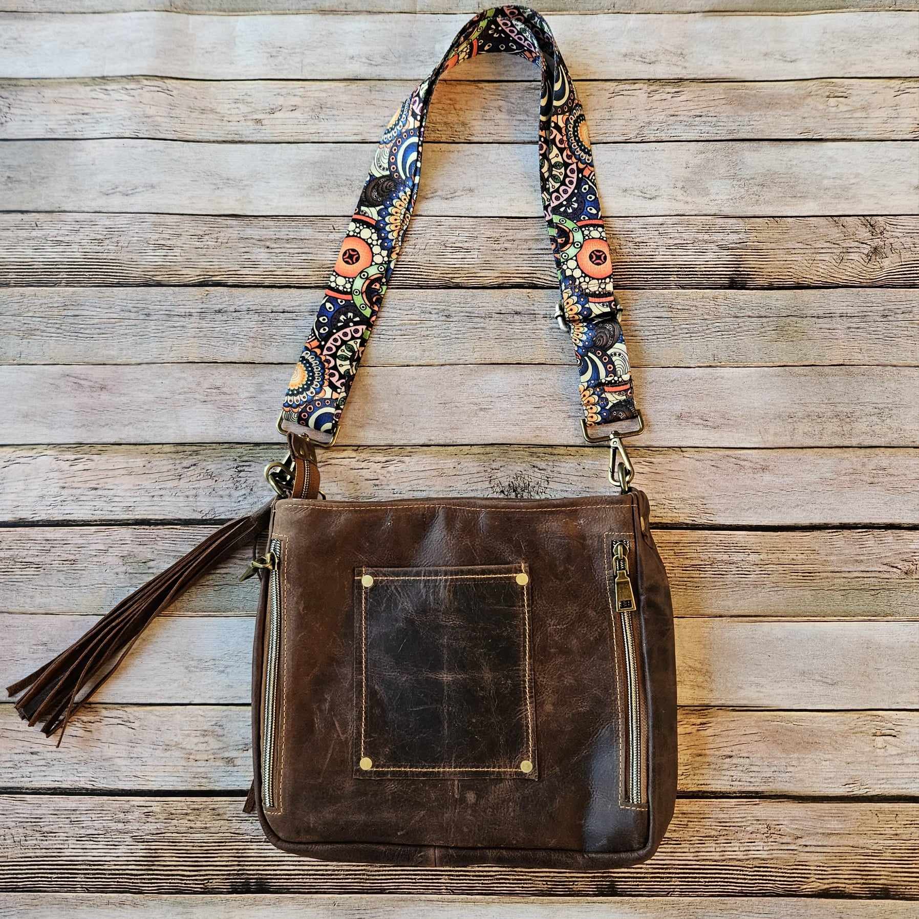 turquoise brown leather cross body, brown leather hand bag, conceal carry bag