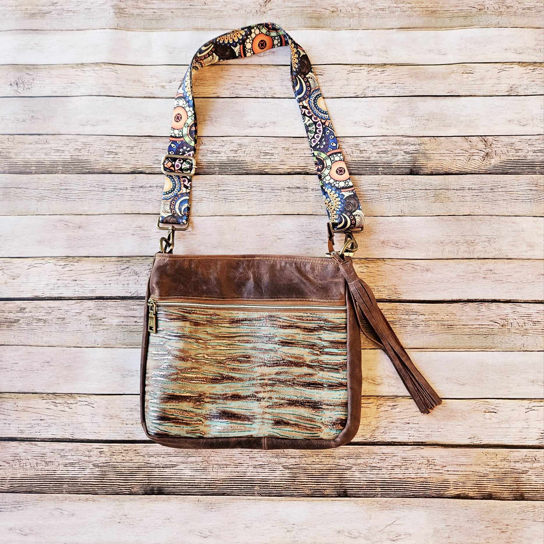 turquoise brown leather cross body, brown leather hand bag, conceal carry bag