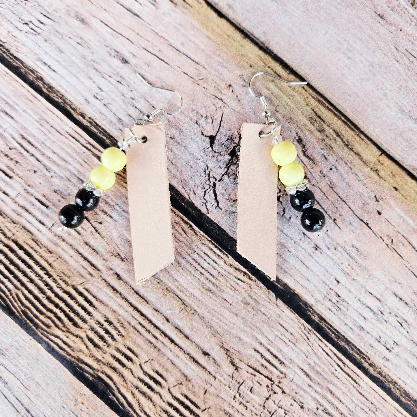 silver earrings, neon yellow and black beads, handmade jewelry
