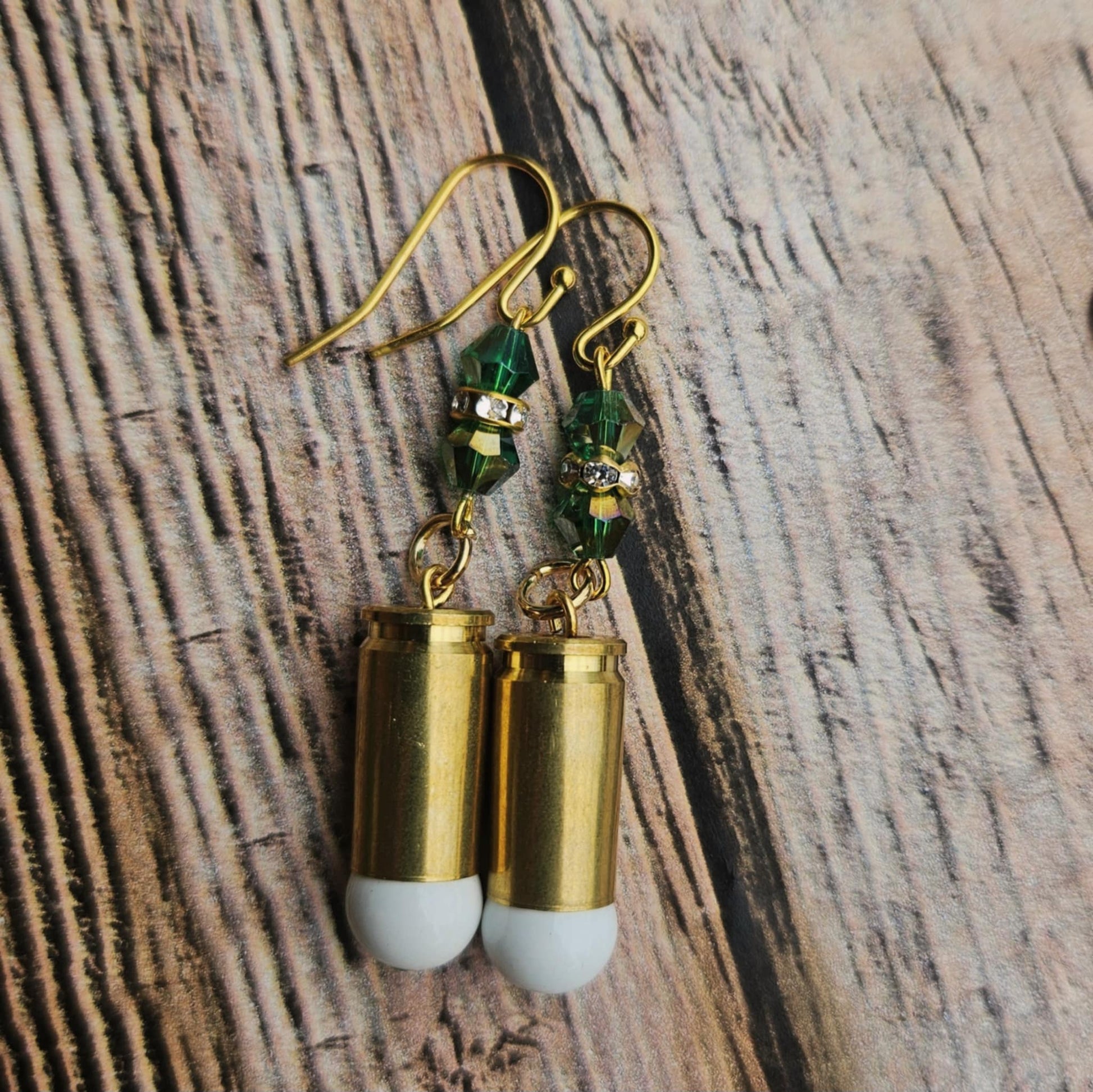 green crystal hook earrings, ammo charm earrings, white bead, gold hook earrings