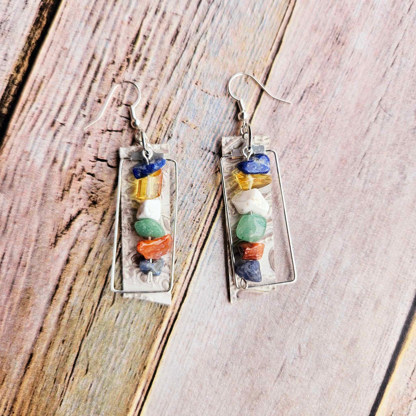 white leather rectangle earrings, handmade earrings, gold beaded jewelry, white beaded earrings