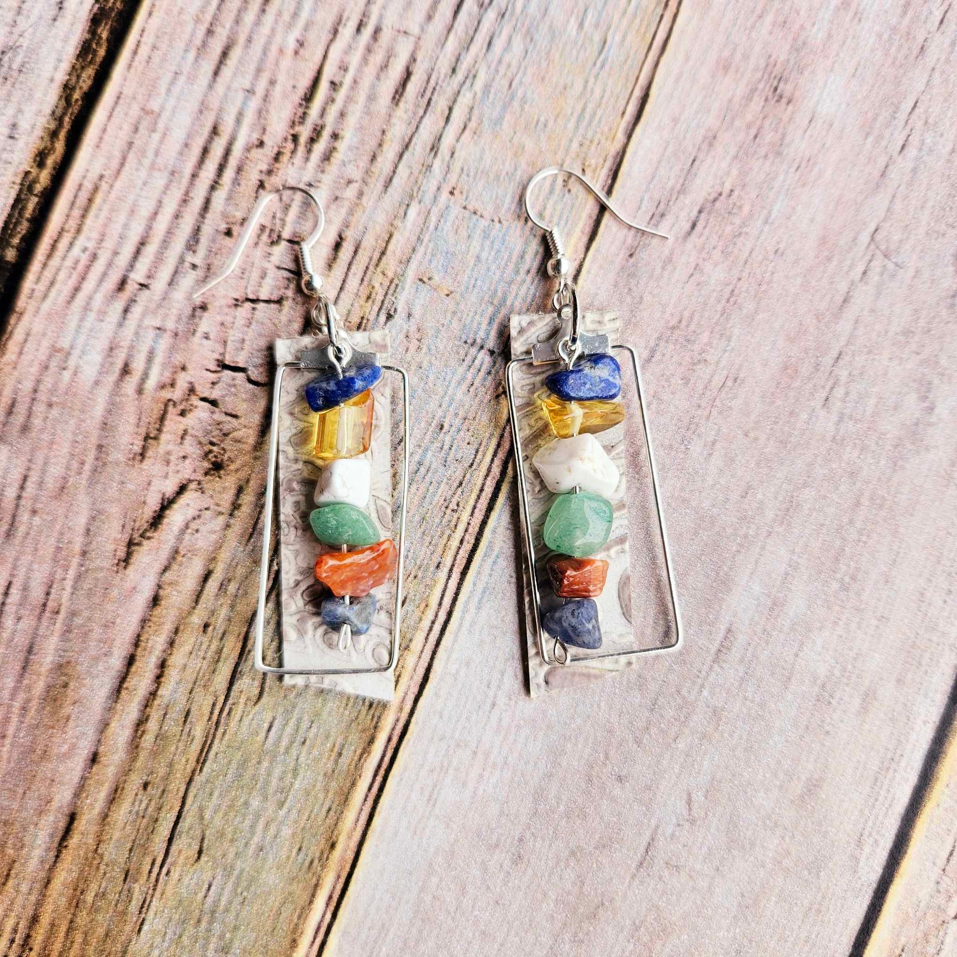 white leather rectangle earrings, handmade earrings, gold beaded jewelry, white beaded earrings