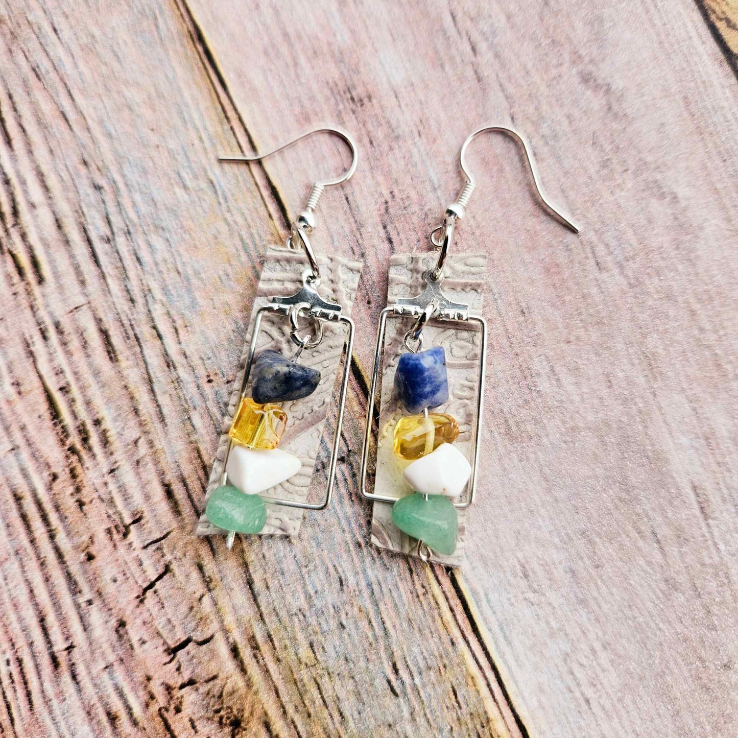 white leather rectangle earrings, handmade earrings, gold beaded jewelry, white beaded earrings