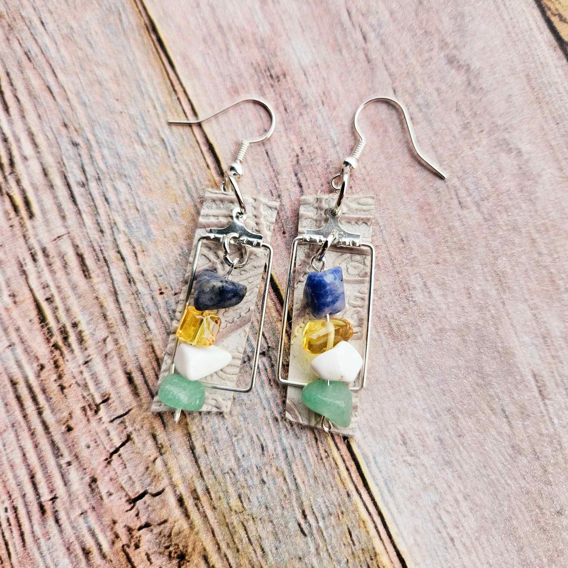 white leather rectangle earrings, handmade earrings, gold beaded jewelry, white beaded earrings