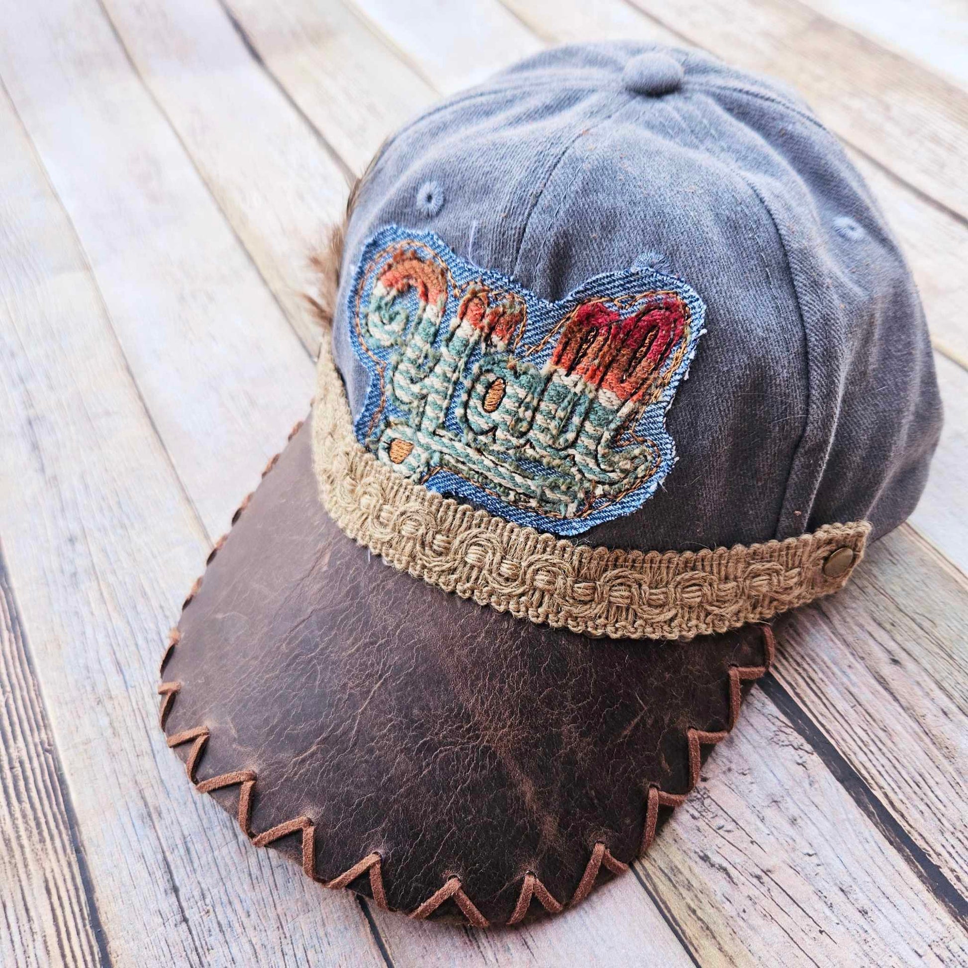 Yall denim patch embroidered hat, Leather laced hat, feather cap, blue denim yall cap, denim patch hat