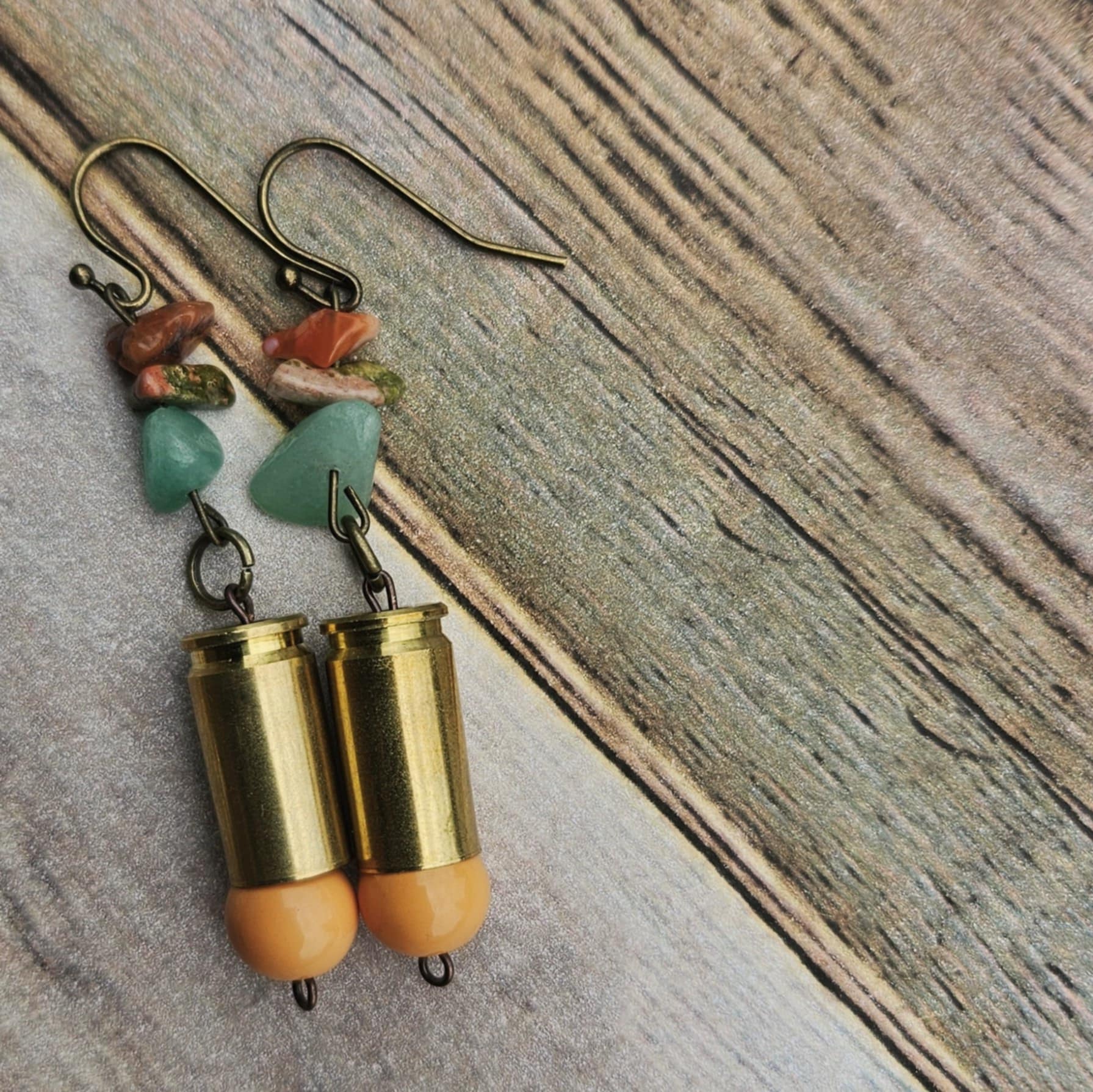 rock ammo earrings, yellow bead earrings, antique gold earrings