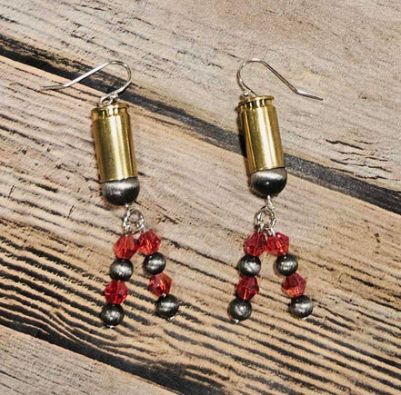 navajo pearl earrings, ammo earrings, silver earrings, red crystal beads, handmade jewelry 