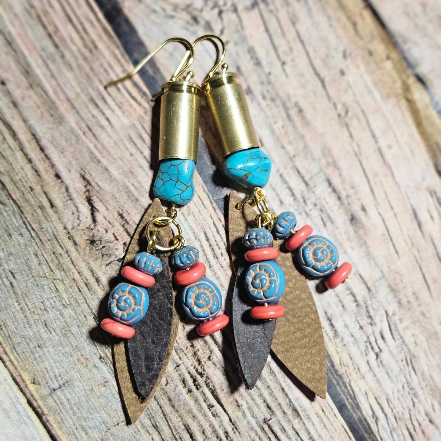 ammo tassel earrings, turquoise beaded earrings, leather ammo jewelry handmade earrings, gold hook earrings