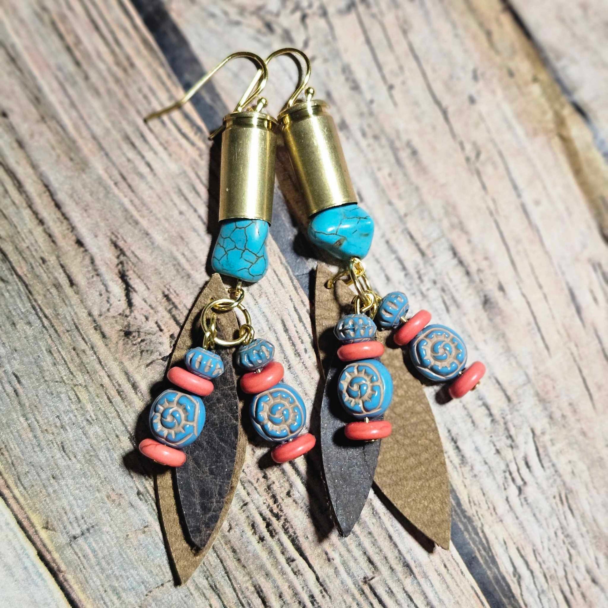 ammo tassel earrings, turquoise beaded earrings, leather ammo jewelry handmade earrings, gold hook earrings