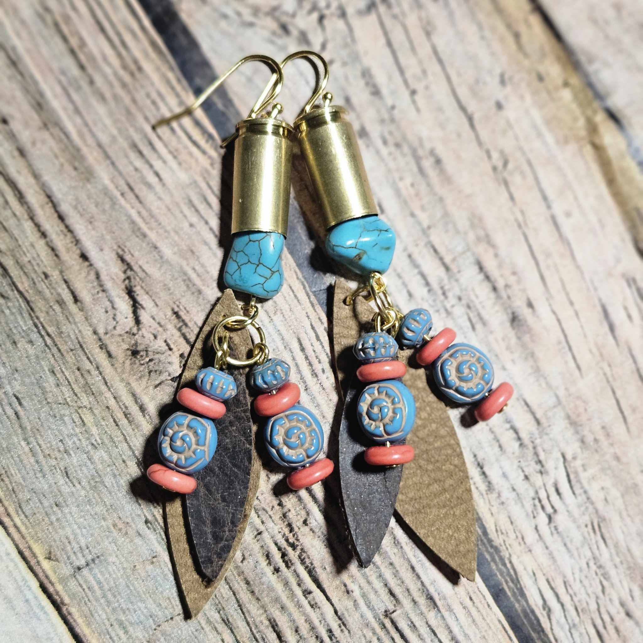 ammo tassel earrings, turquoise beaded earrings, leather ammo jewelry handmade earrings, gold hook earrings