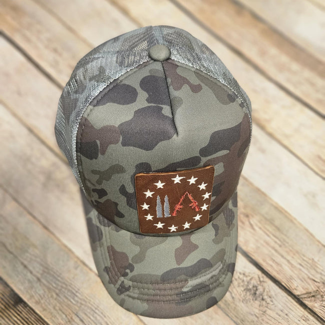 Embroidered Leather Gun Patch Trucker Hat