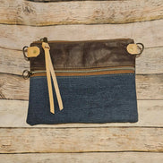 repurposed denim and brown leather crossbody, vegetable leather accents, antique hardware, handmade leather crossbody bag