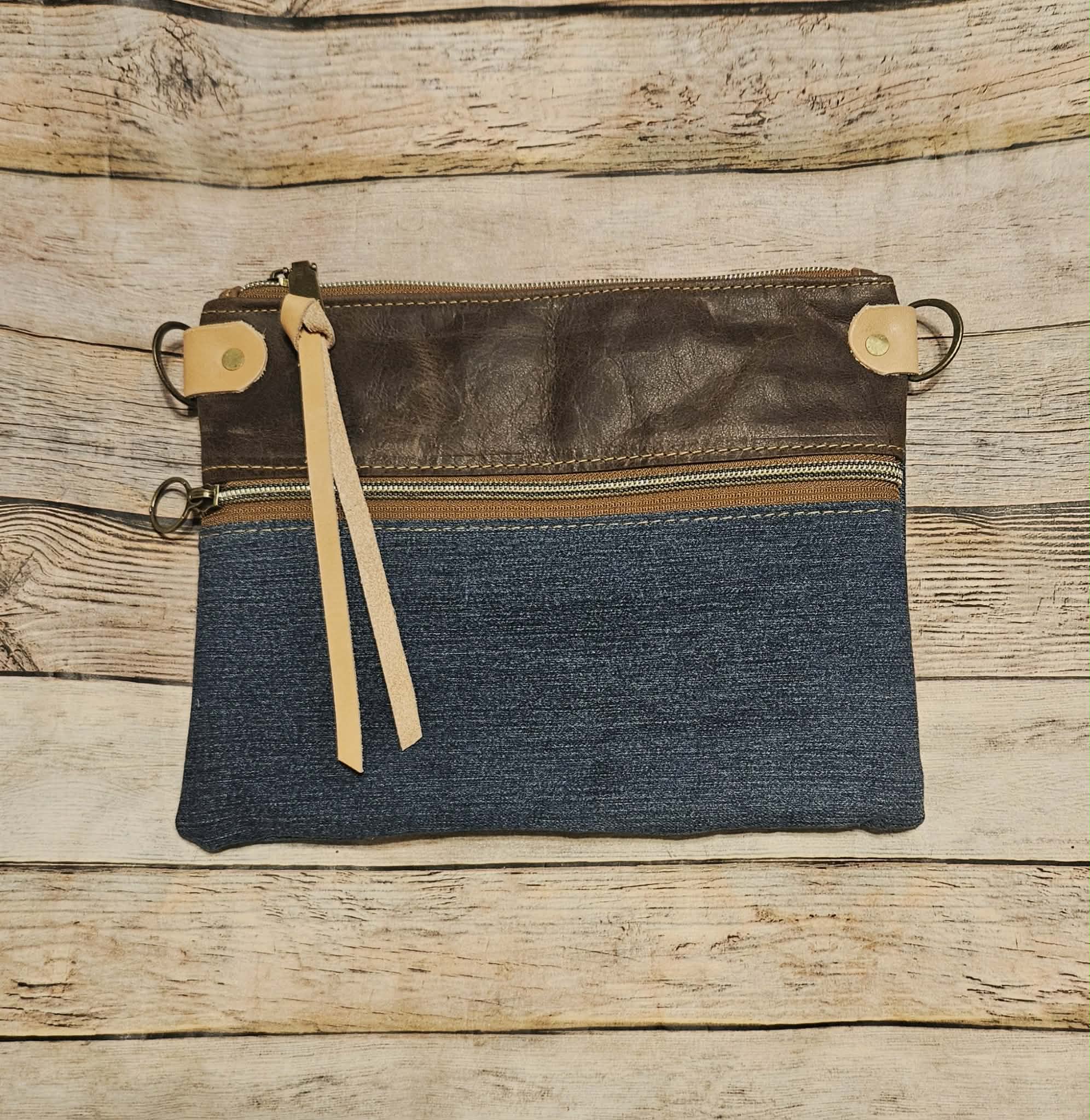 repurposed denim and brown leather crossbody, vegetable leather accents, antique hardware, handmade leather crossbody bag