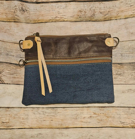 Addie Belle Re-purposed Denim/ Brown Leather & Veg Tan Leather Crossbody Bag