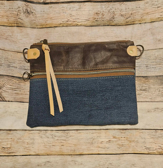 repurposed denim and brown leather crossbody, vegetable leather accents, antique hardware, handmade leather crossbody bag