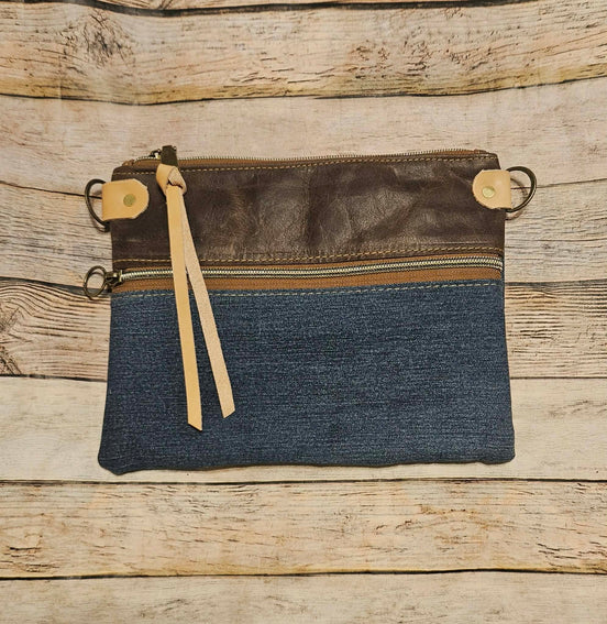repurposed denim and brown leather crossbody, vegetable leather accents, antique hardware, handmade leather crossbody bag