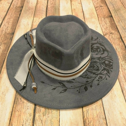 Grey Wide Brim Hat with Laser burned rose vines