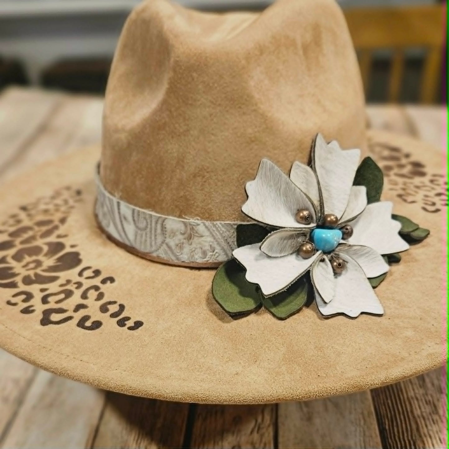 laser burned large brim hat, hibiscus flower and leopard burned hat, leather flower hat leather banded hat, handmade hat