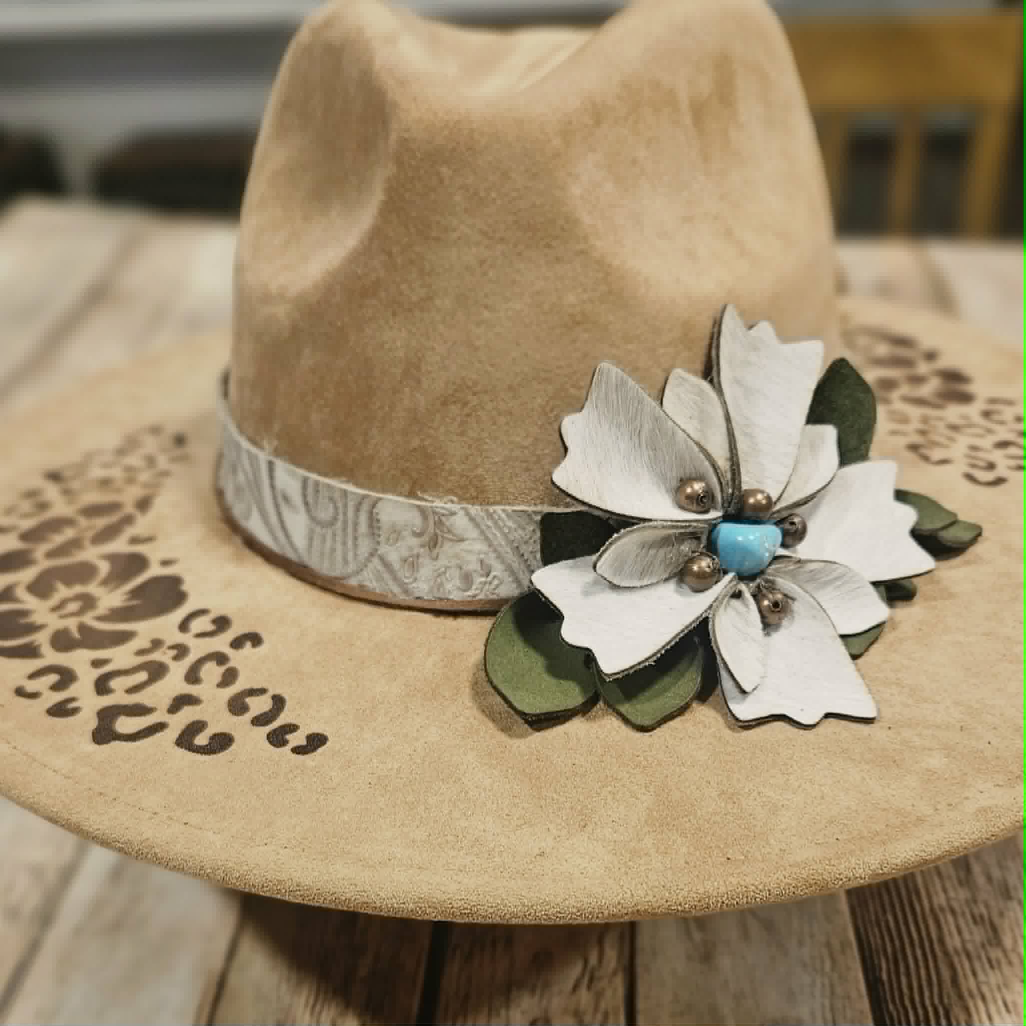 laser burned large brim hat, hibiscus flower and leopard burned hat, leather flower hat leather banded hat, handmade hat