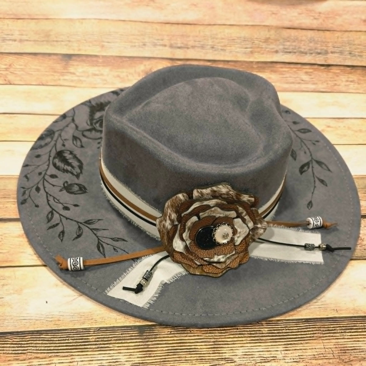 Grey Wide Brim Hat with Laser burned rose vines and Leather Flower accessories