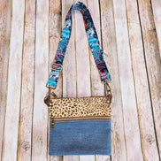 repurposed denim, denim bag, denim crossbody, leopard leather, leather bag, handmade bag, handmade crossbody, 