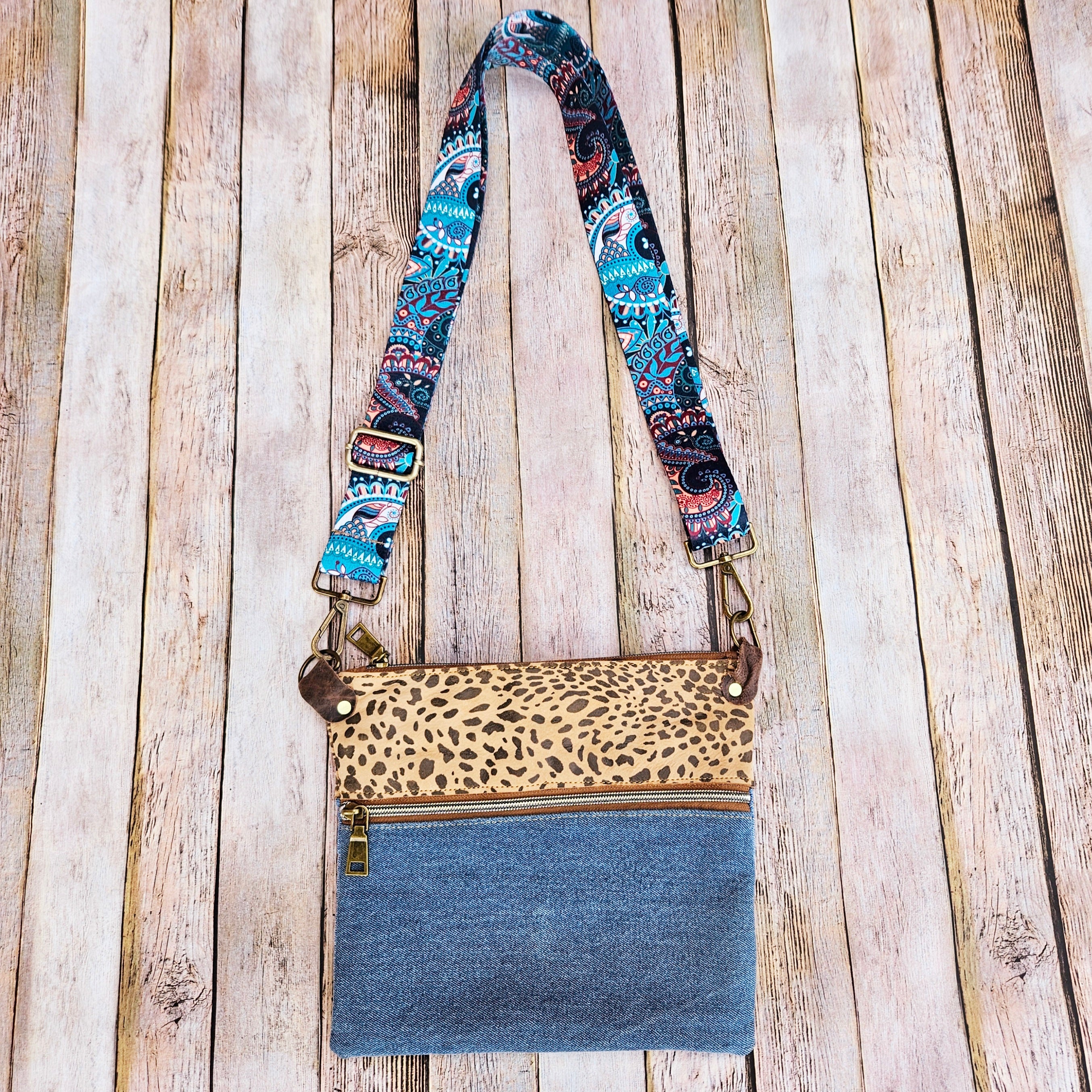 repurposed denim, denim bag, denim crossbody, leopard leather, leather bag, handmade bag, handmade crossbody, 