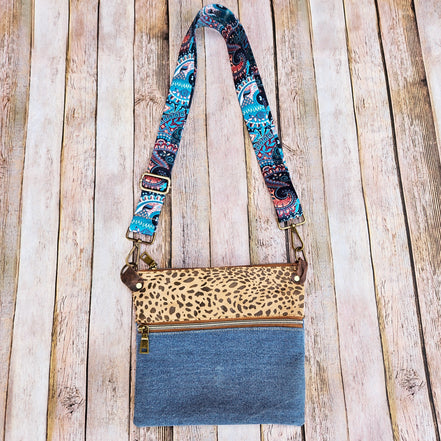 repurposed denim, denim bag, denim crossbody, leopard leather, leather bag, handmade bag, handmade crossbody, 