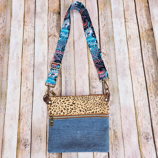 repurposed denim, denim bag, denim crossbody, leopard leather, leather bag, handmade bag, handmade crossbody, 