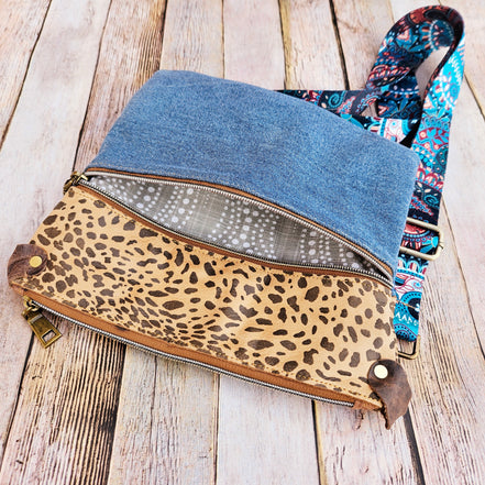 denim bag, leopard bag, crossbody bag, crossbody, repurposed denim, 