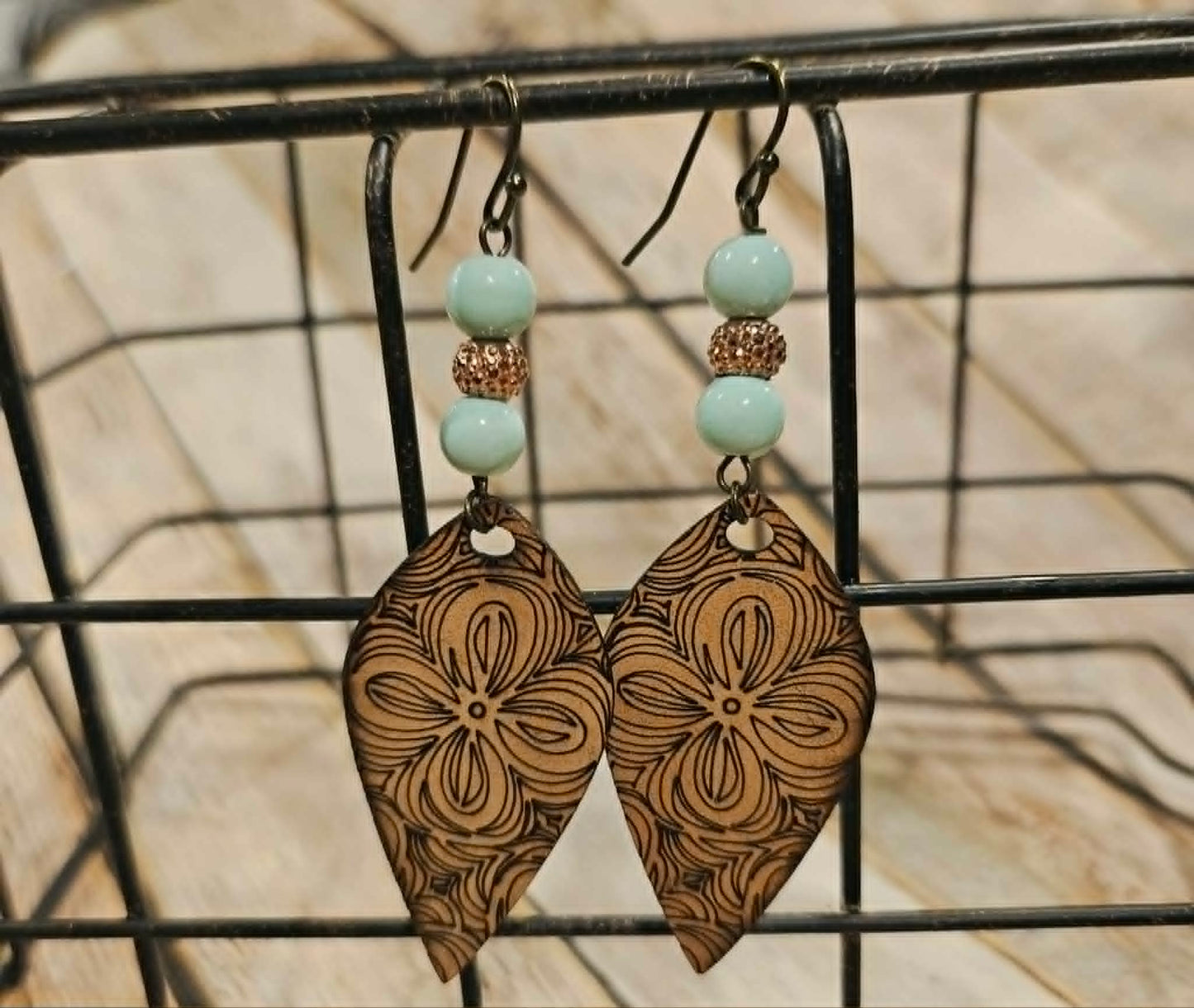 Laser Burned Leather Floral tear drop with aqua & rose gold beads