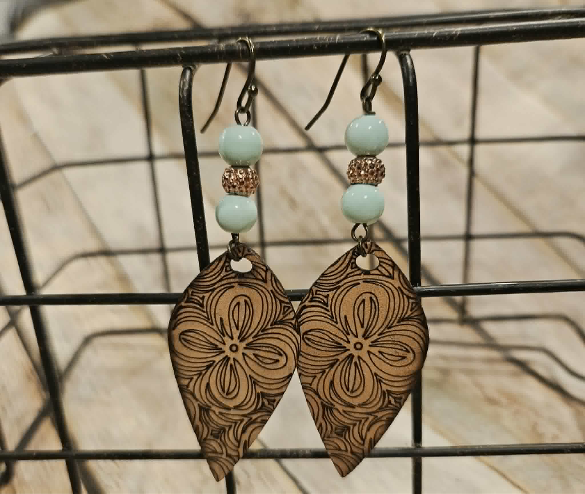 Laser Burned Leather Floral tear drop with aqua & rose gold beads
