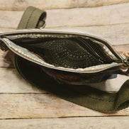 repurposed denim and fur on leather crossbody, vegetable leather accents, antique hardware, handmade leather crossbody bag