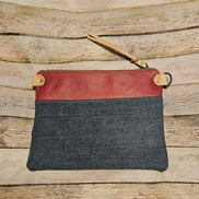 repurposed denim and red leather crossbody, vegetable leather accents, antique hardware, handmade leather crossbody bag