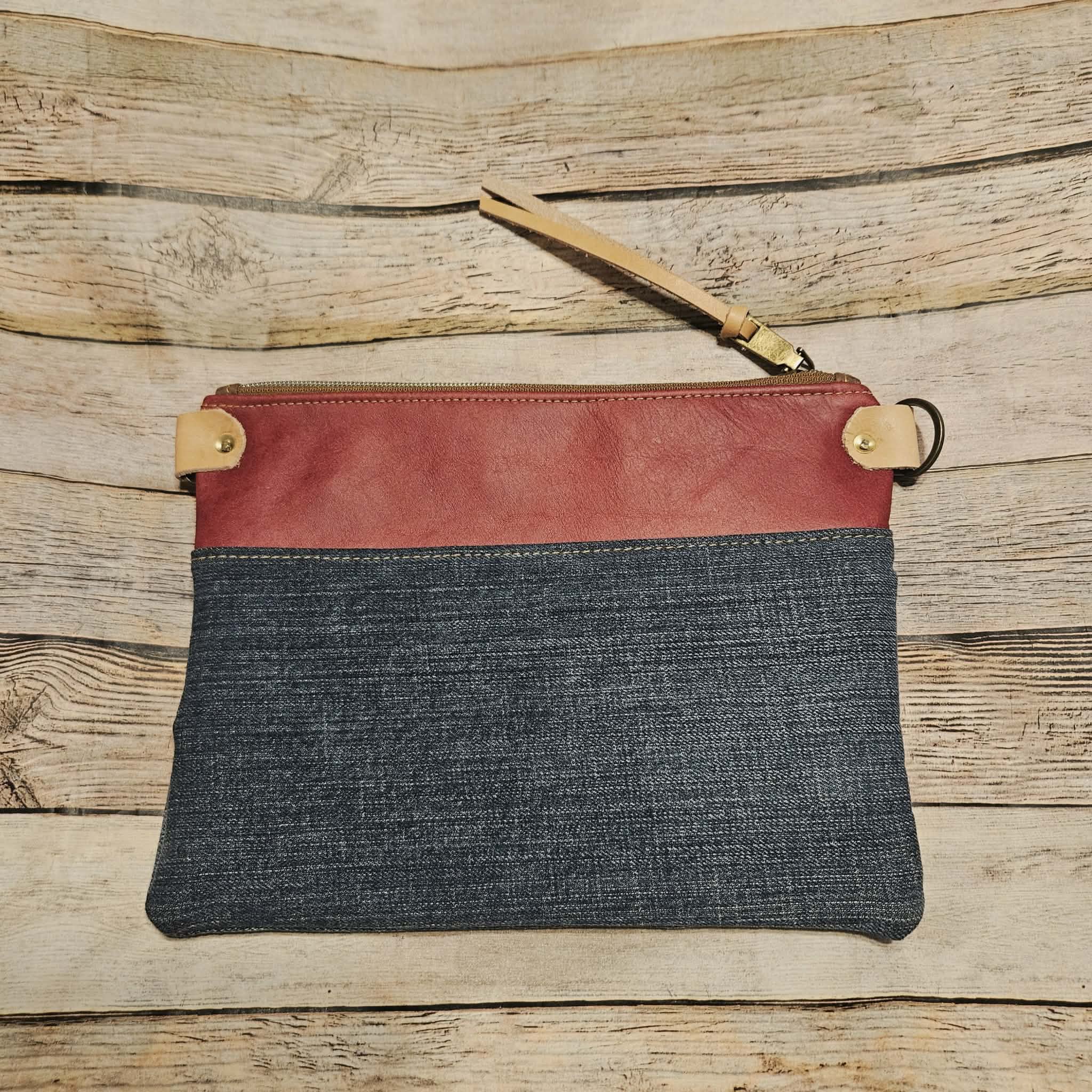 repurposed denim and red leather crossbody, vegetable leather accents, antique hardware, handmade leather crossbody bag