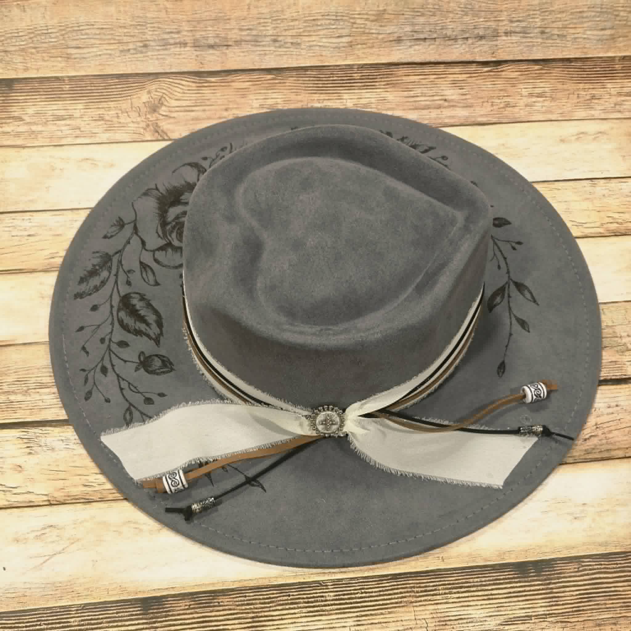 Grey Wide Brim Hat with Laser burned rose vines