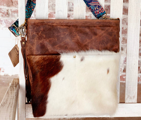 Mahala’s Heritage Brown & White Cowhide Crossbody – Handcrafted in Texas