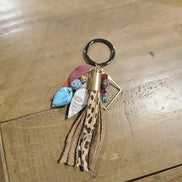 leopard leather tassel keychain, ammo keychain beaded key chain, turquoise bead key chain 