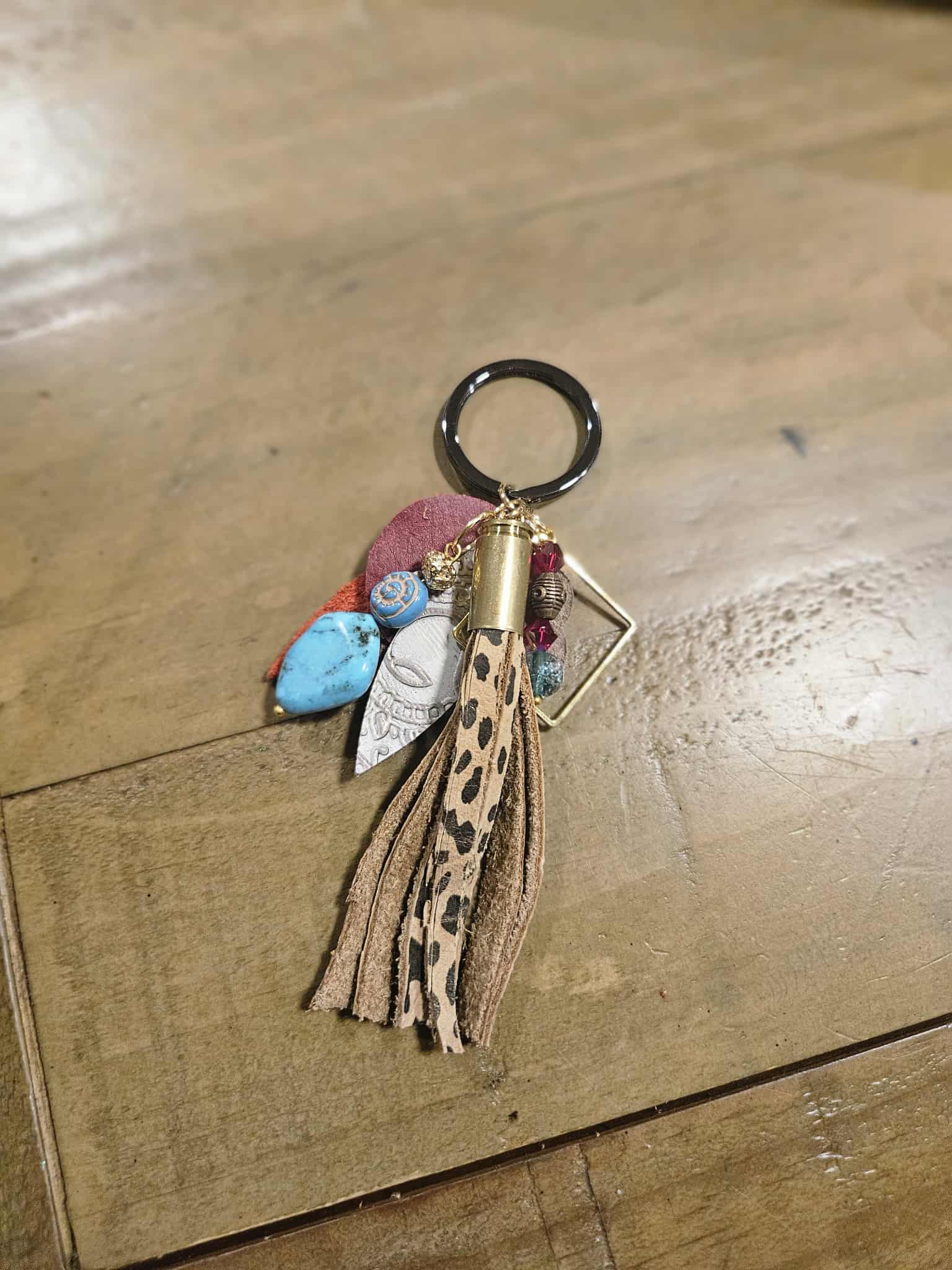 leopard leather tassel keychain, ammo keychain beaded key chain, turquoise bead key chain 