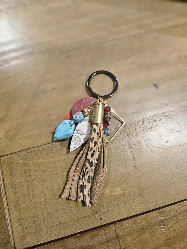 leopard leather tassel keychain, ammo keychain beaded key chain, turquoise bead key chain 