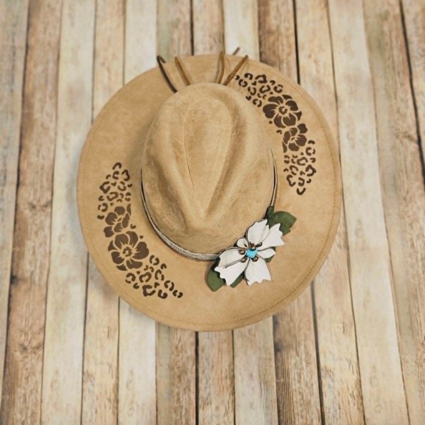 laser burned large brim hat, hibiscus flower and leopard burned hat, leather flower hat leather banded hat, handmade hat
