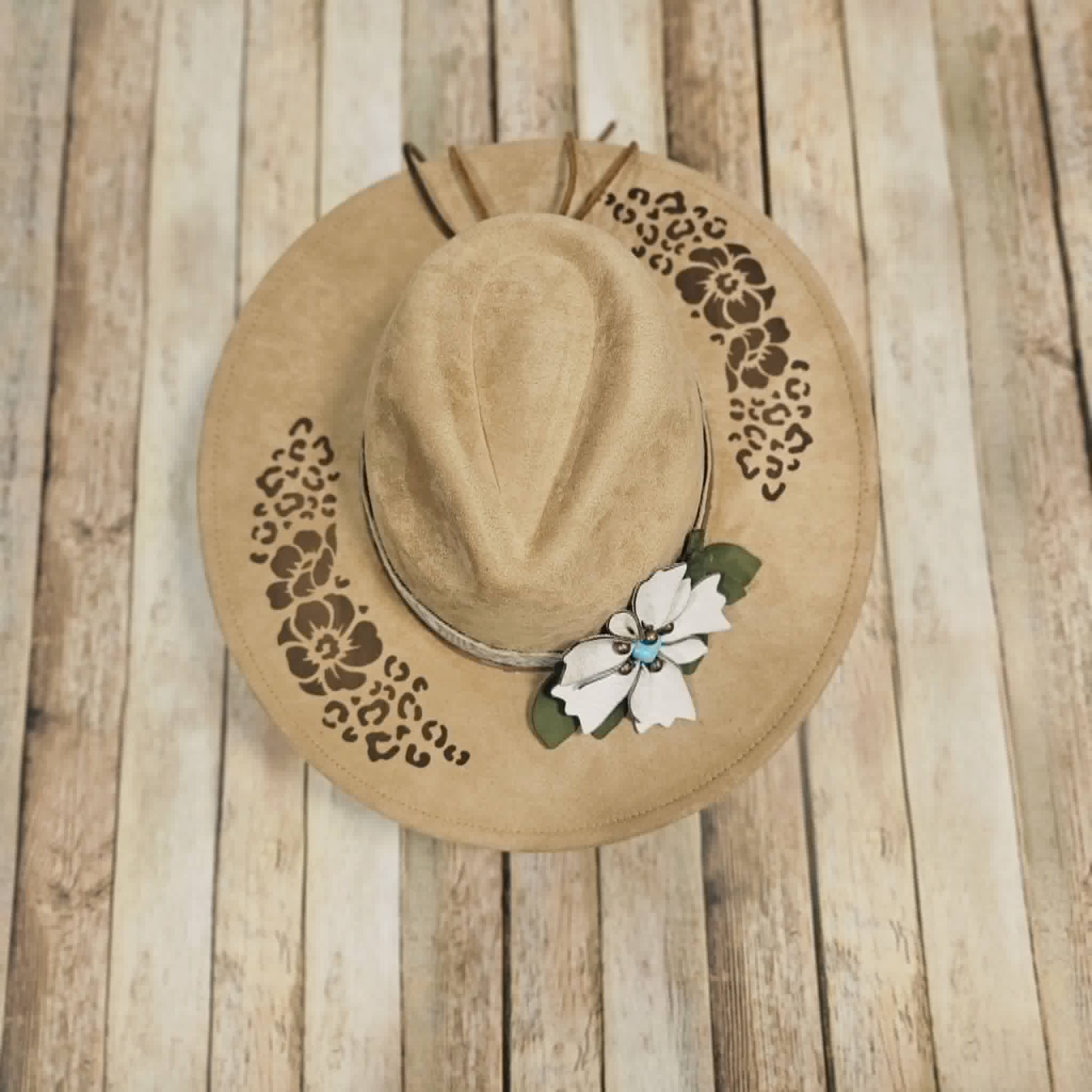 laser burned large brim hat, hibiscus flower and leopard burned hat, leather flower hat leather banded hat, handmade hat