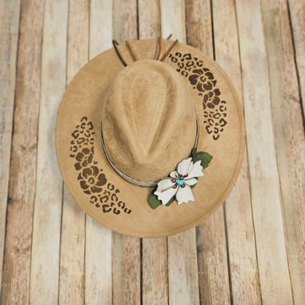 laser burned large brim hat, hibiscus flower and leopard burned hat, leather flower hat leather banded hat, handmade hat