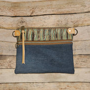 repurposed denim and brown turquoise leather crossbody, vegetable leather accents, antique hardware, handmade leather crossbody bag