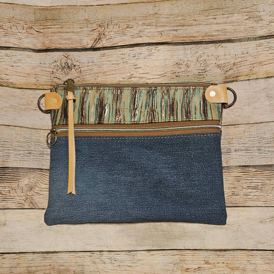 repurposed denim and brown turquoise leather crossbody, vegetable leather accents, antique hardware, handmade leather crossbody bag
