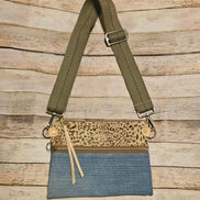 repurposed denim and cheetah print leather crossbody, vegetable leather accents, antique hardware, handmade leather crossbody bag