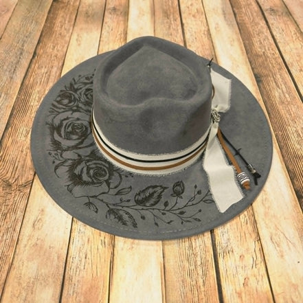 Grey Wide Brim Hat with Laser burned rose vines