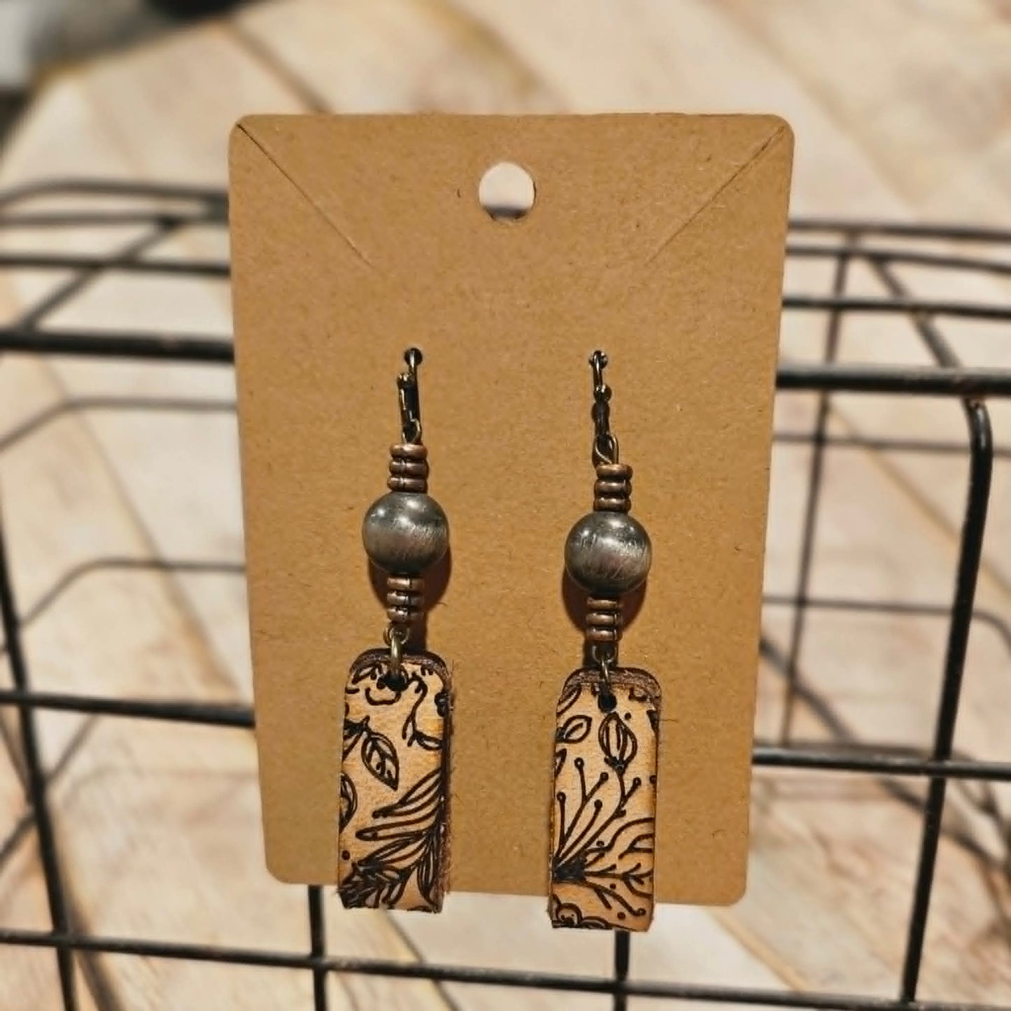 Laser Burned Leather Floral Loop with beads