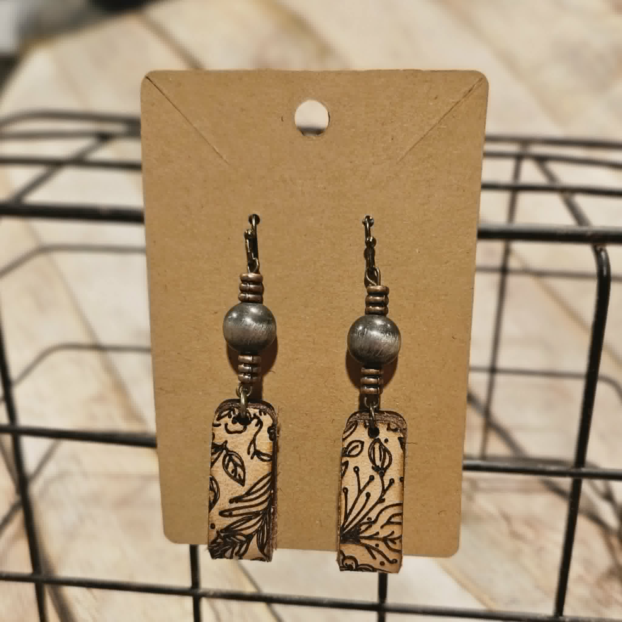 Laser Burned Leather Floral Loop with beads