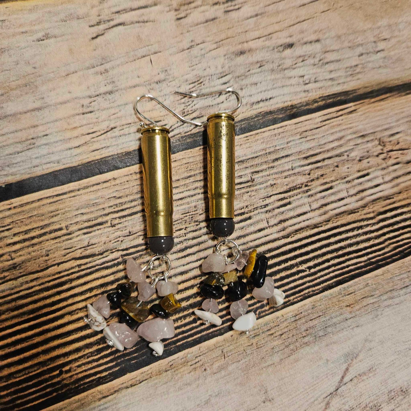 rock tassel earrings, ammo earrings, silver hook earrings, handmade jewelry, blk beaded jewelry 