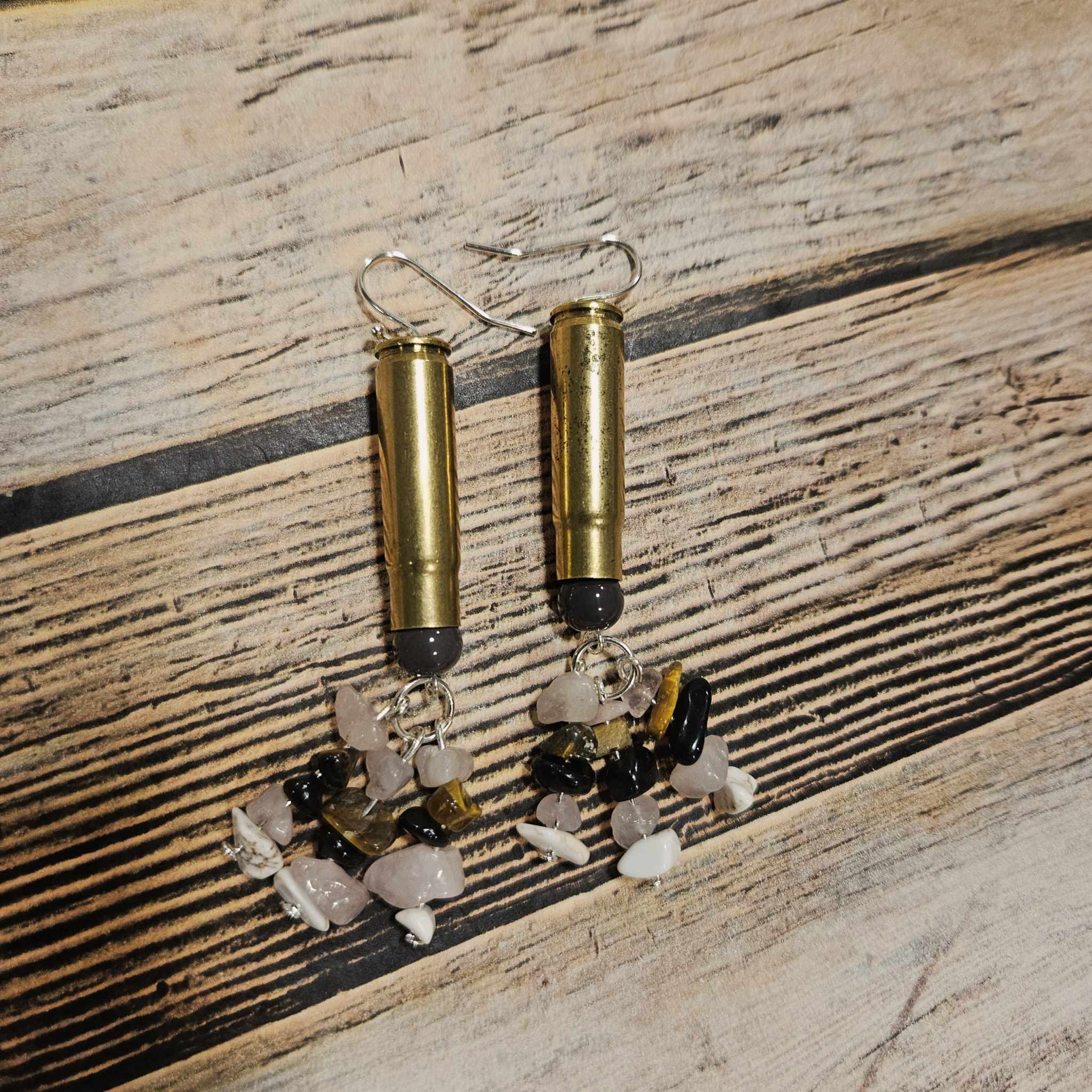 rock tassel earrings, ammo earrings, silver hook earrings, handmade jewelry, blk beaded jewelry 